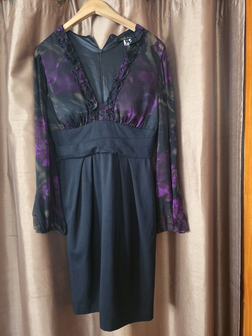 Black Dress with Purple Sheer Floral Sleeves by